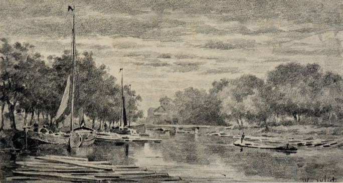 Stadsgracht met Buitensocieteit Harlingen, circa 1880 Willem van der Vliet, collectie gemeentemuseum het Hannemahuis.[https://www.museum.frl/collectie/objecten/100010830/]